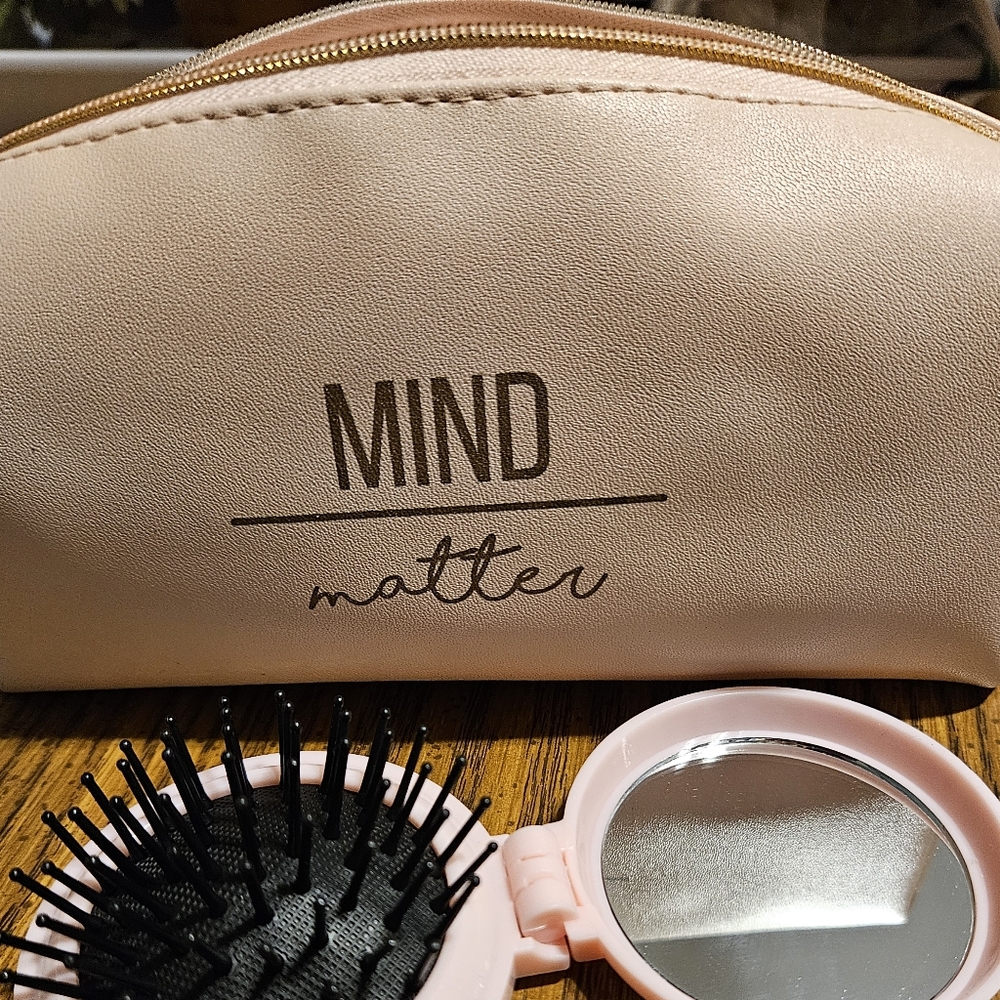 Pink Cosmetic Bag with Mirror and Brush